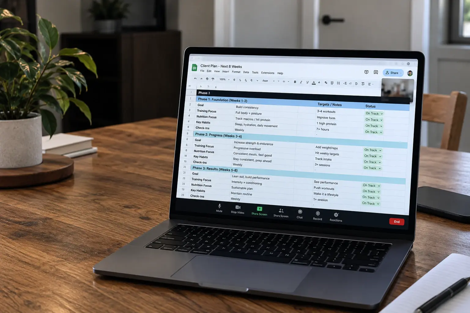 A laptop on a video call sharing a client plan tracker