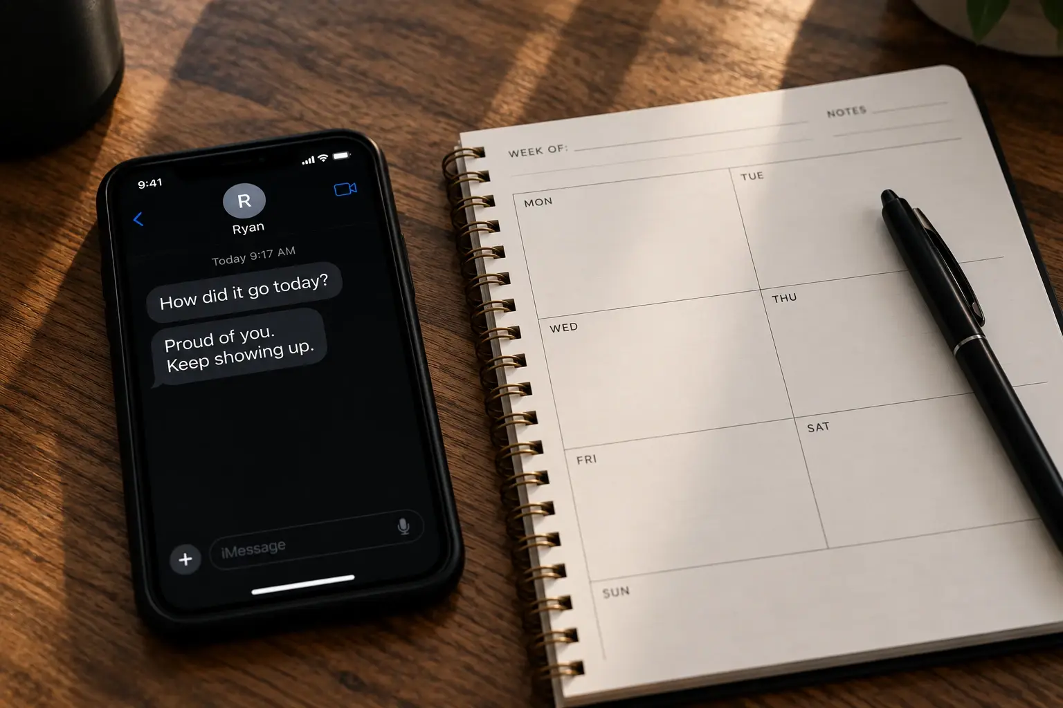 A weekly planner next to a check-in text from Ryan